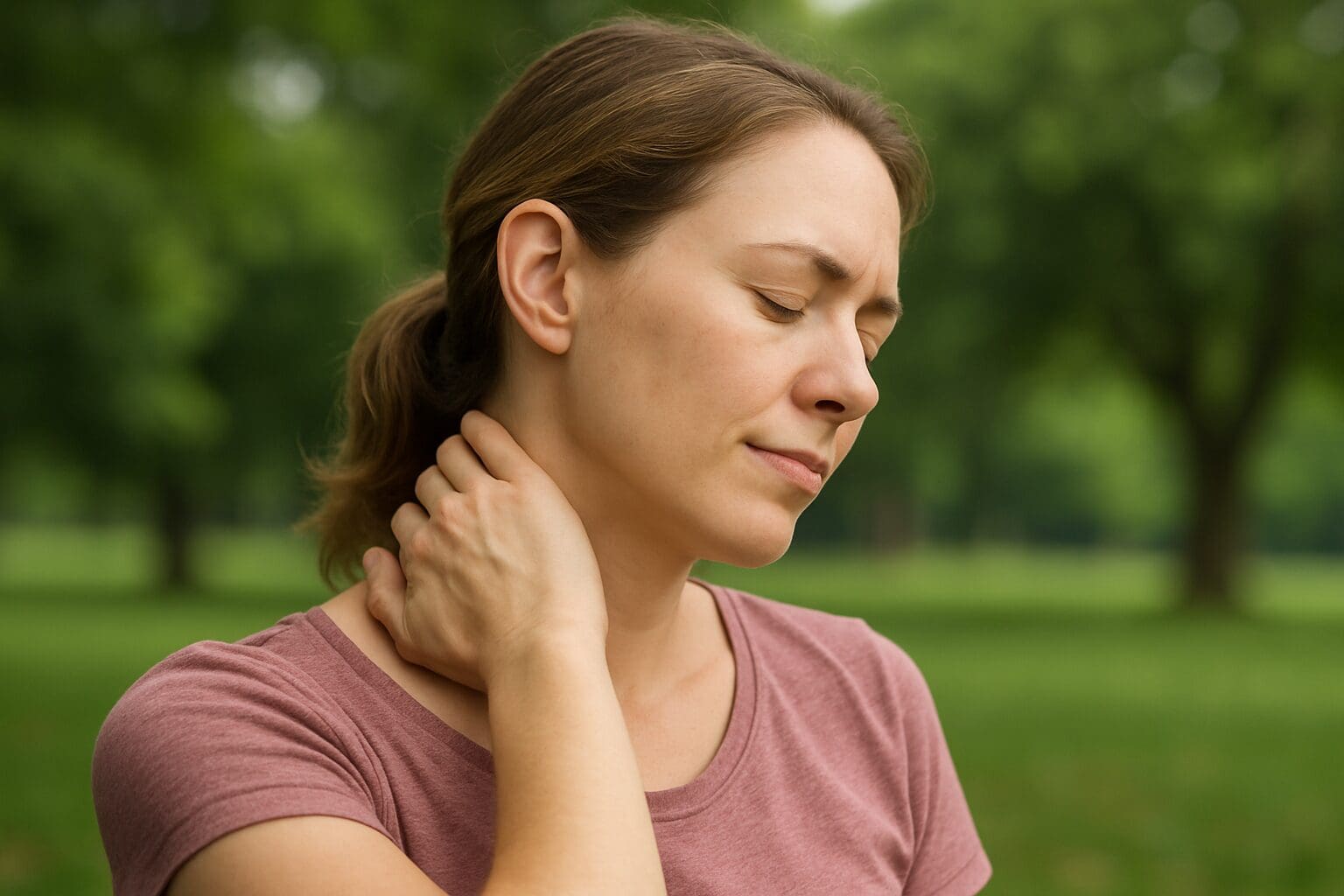 Serene Woman Touching Neck Outdoors